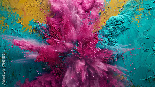 A chaotic collision of magenta  teal  and mustard forming an abstract explosion of color and texture against a richly textured paint background.