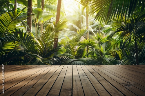 Wooden Floor Amid Lush Rainforest Tropical Background. Generative ai