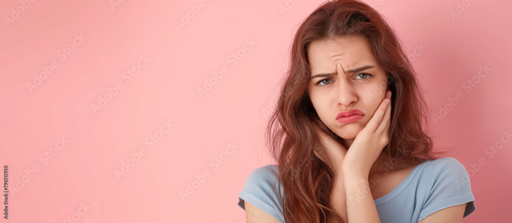 Young woman with a puzzled expression, hand on her face, standing against a soft pink background. Young woman with a puzzled expression, hand on her face, standing against a soft pink background.