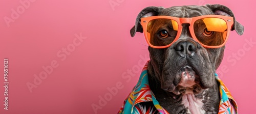 Stylish dog in vibrant hawaiian shirt and trendy orange sunglasses for a fashionable look © Ilja