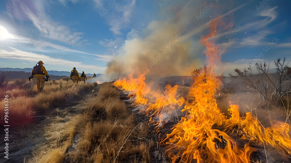 Fototapeta premium A wide-angle scene of a controlled burn operation, with flames expertly contained and managed, showcasing the preventive measures taken to reduce wildfire risks and maintain ecological balance.
