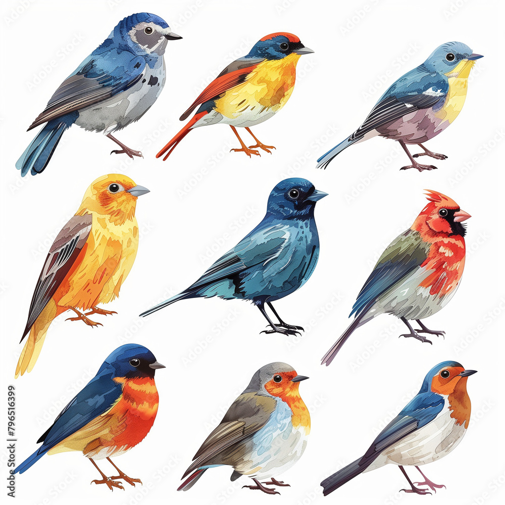 A colorful collection of cartoon birds like parrots, ducks, and owls A colorful collection of cartoon birds like parrots, ducks, and owls
