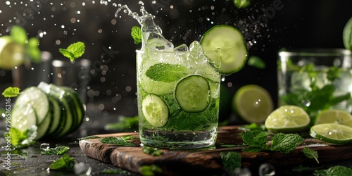 Refreshing Cucumber and Mojito Cocktail Photography, Dynamic Splash in a Glass of Cucumber Mojito with Fresh Mint and Lime