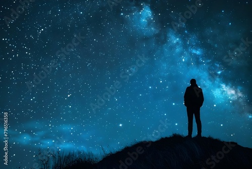 Man Contemplating Stars on Hill Against Night Sky Background. Concept Stargazing, Night Sky, Contemplation, Astronomy, Nature