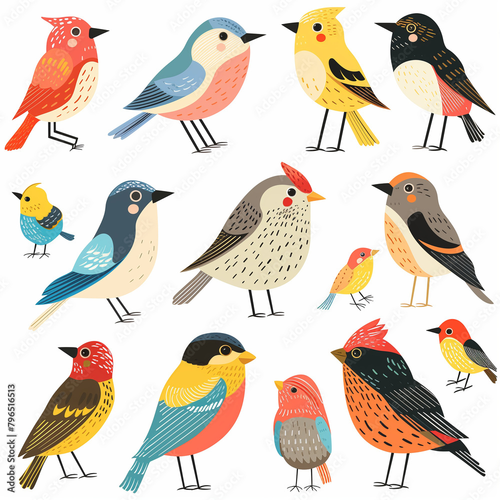 A colorful collection of cartoon birds like parrots, ducks, and owls A colorful collection of cartoon birds like parrots, ducks, and owls
