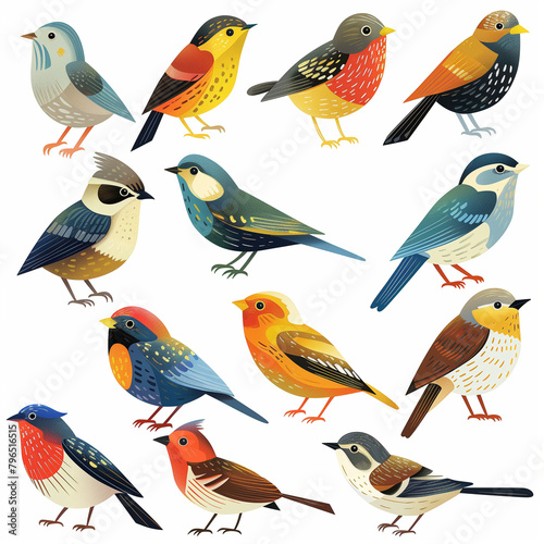 A colorful collection of cartoon birds like parrots  ducks  and owls