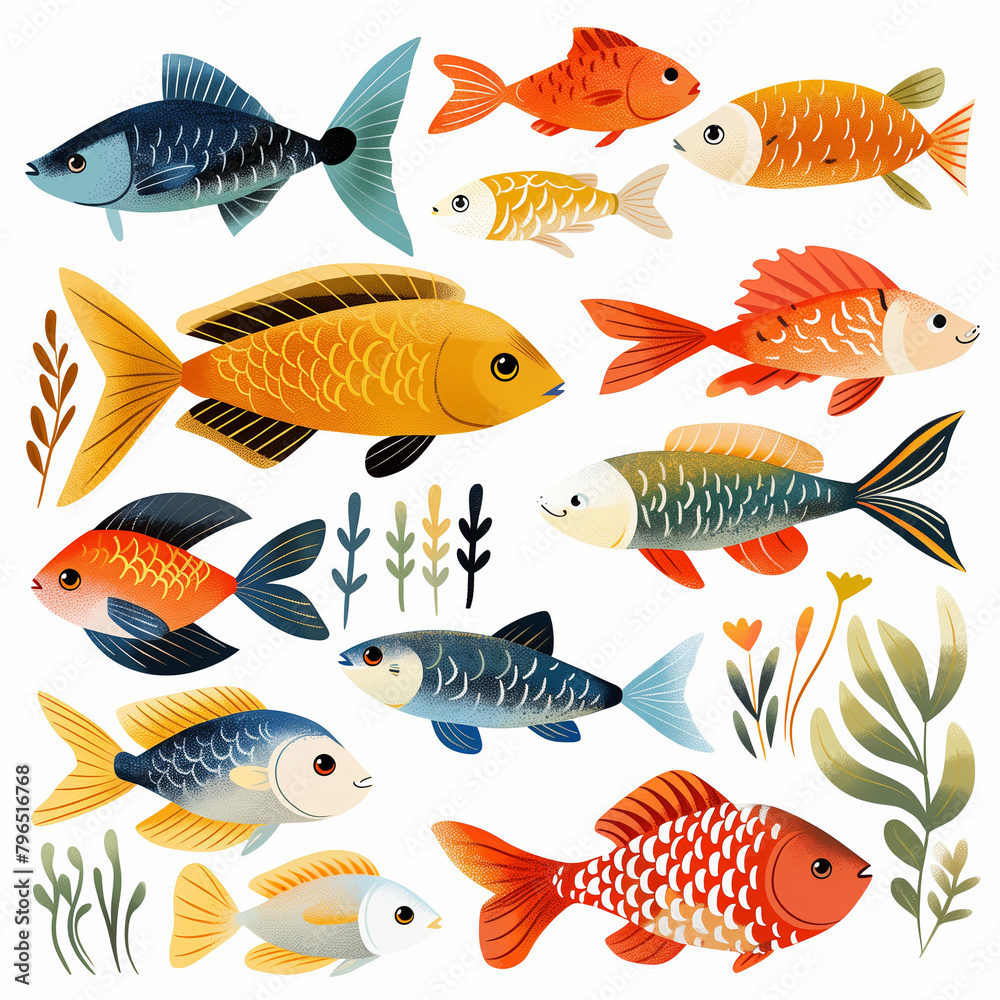 Colorful fish of various shapes and sizes swimming in a repeating pattern