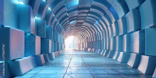 A blue tunnel with white blocks