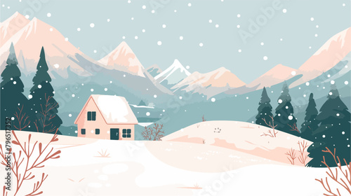 White snowy winter landscape with cute country house