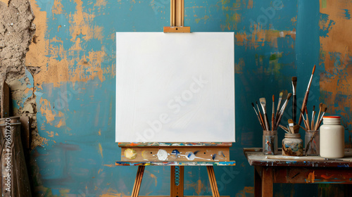 Wooden easel with blank canvas and painting tools 