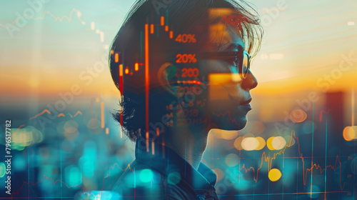 The intersection of corporate background, business person, and financial charts in a double exposure image.