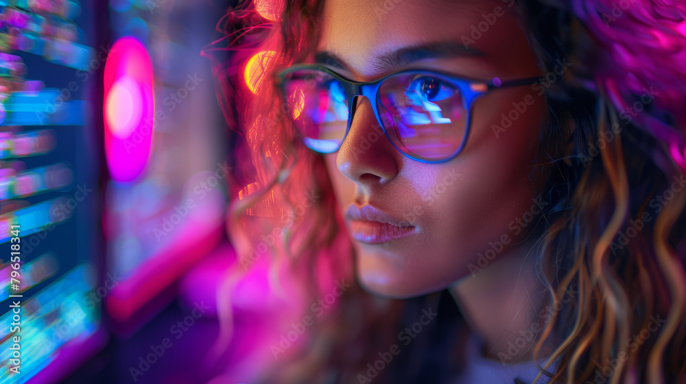 A female programmer wearing glasses and looking at source code on a computer screen with vibrant light