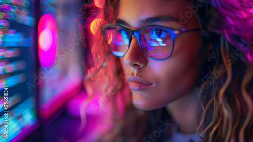 A female programmer wearing glasses and looking at source code on a computer screen with vibrant light