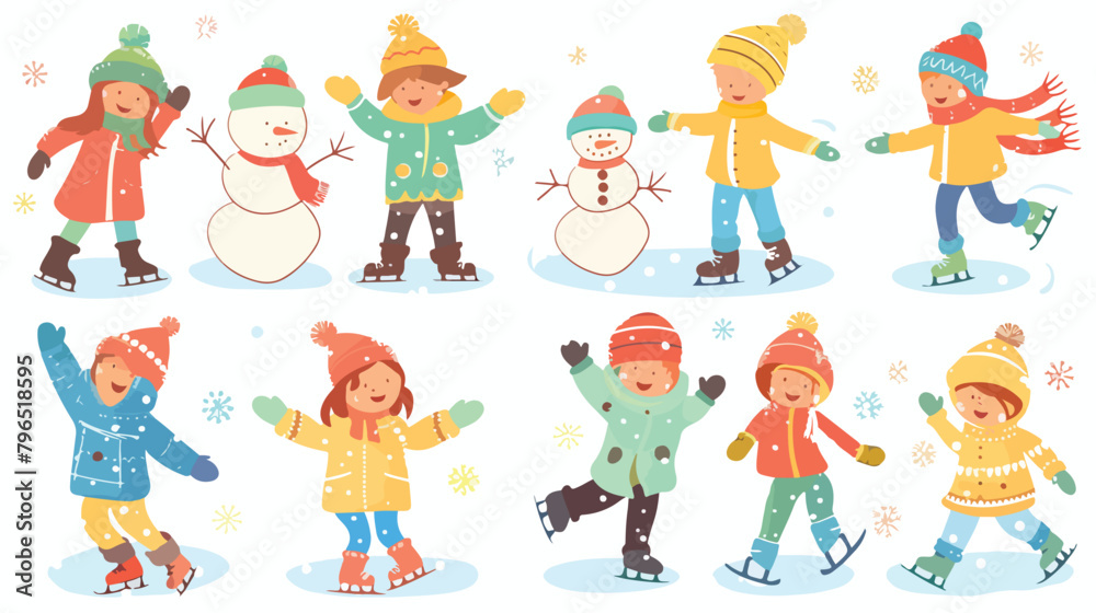 Winter children set with different kids playing outdo