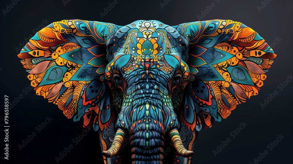 Obraz premium Vibrant Thai temple mural depicts a majestic elephant in a park, a traditional symbol in Asian art and culture