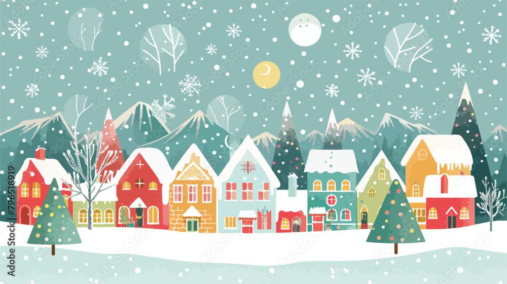 Winter landscape with cute houses and trees merry chr