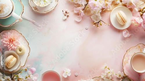 A Pastel Invitation Card With Teapots, Cups, Pastries, And Flowers Are Set On A Table. 