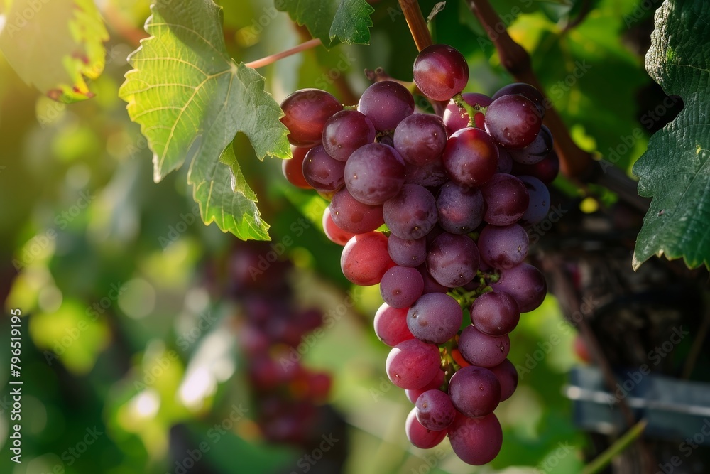 Beautiful clusters of ripe red grapes hanging from lush vines in a picturesque vineyard setting