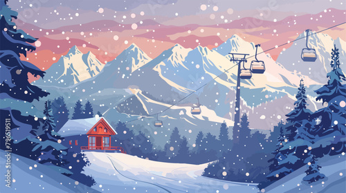 Winter mountain landscape with ski lift country house