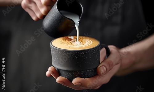 Art of Coffee Making Captured in Close-Up, Pouring Milk into a Speckled Cup of Coffee Held in Hands with Black Apron Background