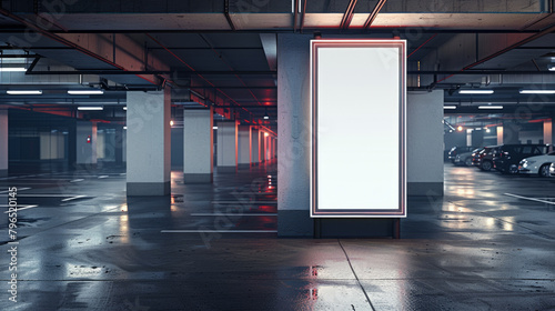 An empty poster mockup on a column in a car park, perfect for advertising with open parking slots in the background.