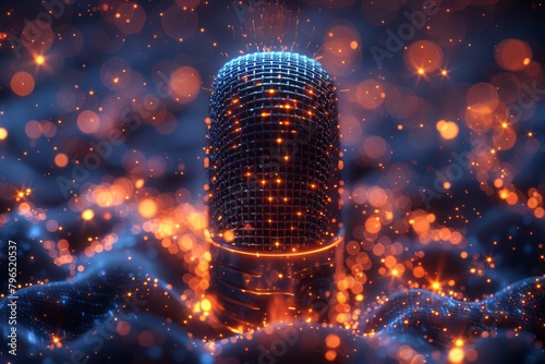 A digitally generated microphone surrounded by a mystical aura, depicting a blend of music and technology photo