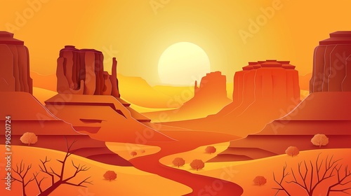 A Colorful Cartoon Depicting A Desert Landscape At Sunset.