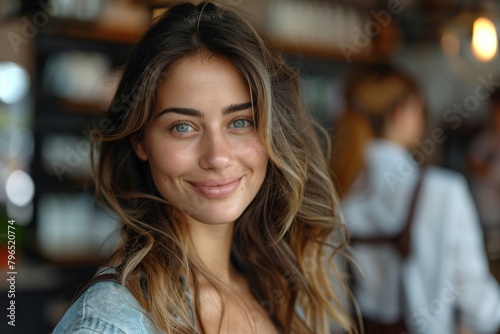 Warm portrait of a smiling woman with mesmerizing green eyes in a casual, softly unfocused cafe setting