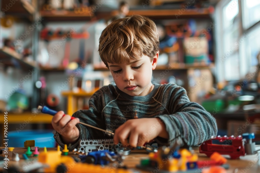Young boy assembling creative and educational toys with the help of a screwdriver