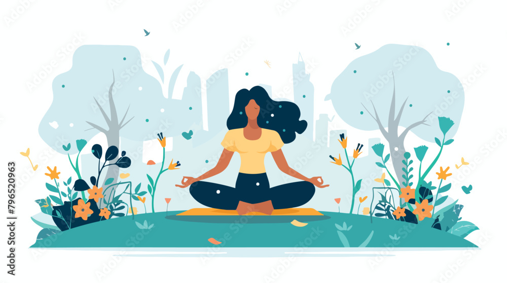Woman doing yoga in the park landing page concept illustration