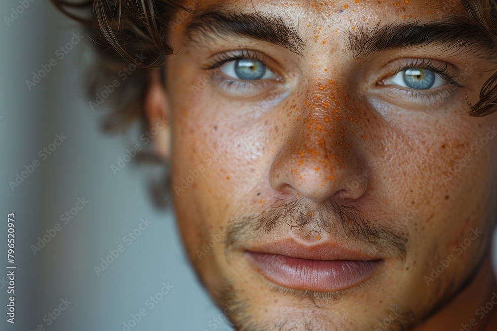 High-detail portrait of a young man with freckles and blue eyes, showcasing unique facial features High-detail portrait of a young man with freckles and blue eyes, showcasing unique facial features