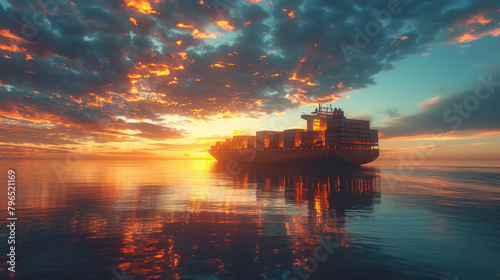 A serene sunset scene of a massive cargo ship with containers, reflecting on tranquil waters.