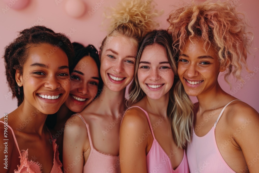 A group of five multiracial female friends smiling and posing closely together against a pink background A group of five multiracial female friends smiling and posing closely together against a pink background