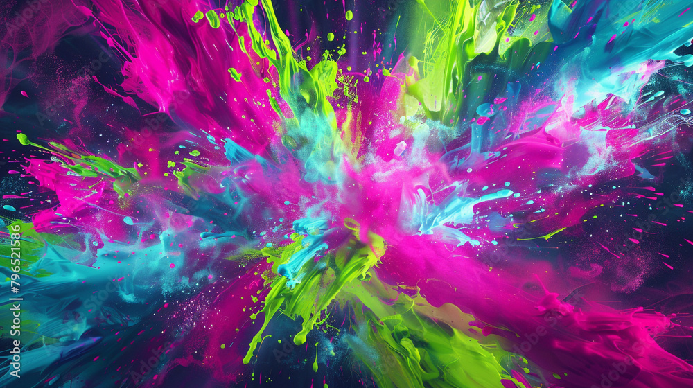 Explosions of neon lime, fuchsia, and electric blue creating a vibrant abstract paint scene.