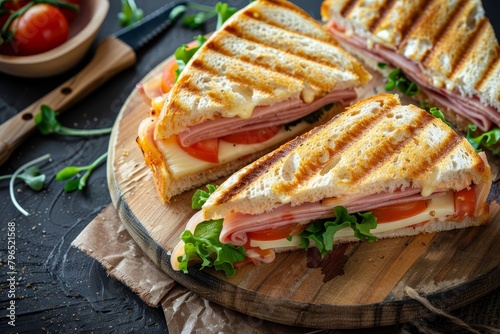 Delicious club sandwich panini with ham, fresh tomato, cheese, and lettuce on plate from top view