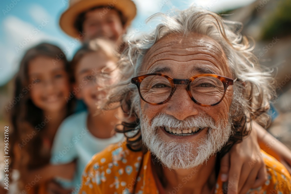 A senior man with glasses and a joyful smile embraces young children, sharing happiness A senior man with glasses and a joyful smile embraces young children, sharing happiness