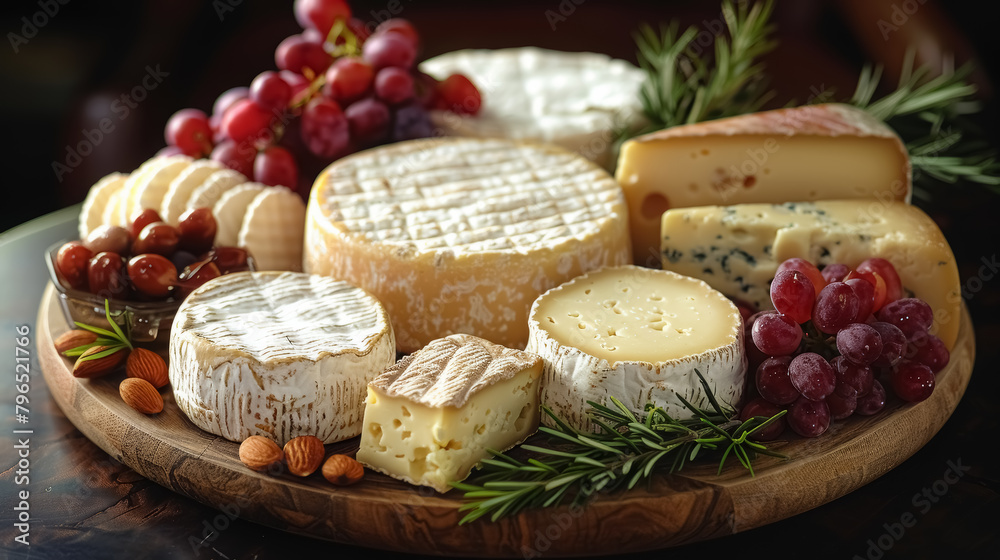 assorted gourmet cheeses with fresh grapes on a wooden platter
