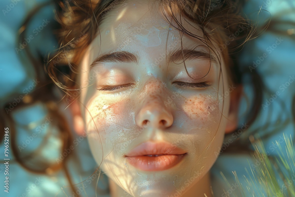 A young girl enjoys a spa-like facial treatment while lying down on lush green grass A young girl enjoys a spa-like facial treatment while lying down on lush green grass