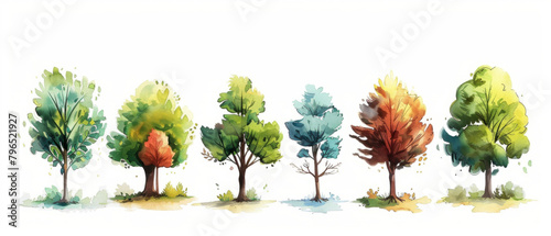 A collection of hand-drawn watercolor trees  depicting various types of trees found in a forest setting.