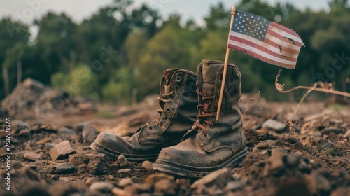 A pair of old boots with an American flag in them. photo
