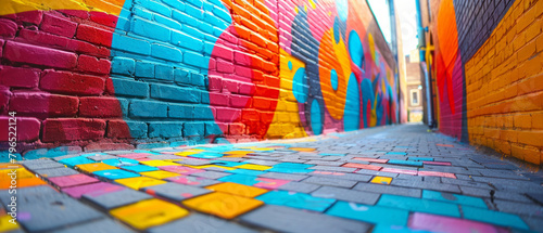 Daytime alleyway transformed into a vibrant canvas with colorful and intricate graffiti art. photo