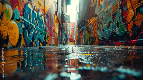 Expansive, colorful graffiti art adorning an entire alleyway during the day, featuring vibrant hues and dynamic shapes.