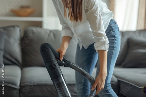 Young woman cleaning sofa with vacuum cleaner at home, household and spring-cleaning concept