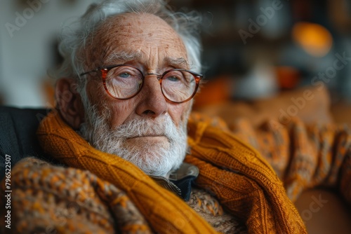 A close-up shot emphasizes a warm, hand-knitted sweater in earth tones, evoking a sense of comfort and care for an elderly person