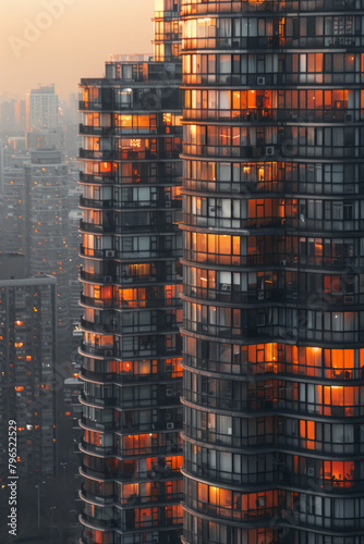 Modern high rise tower block building in urban landscape.