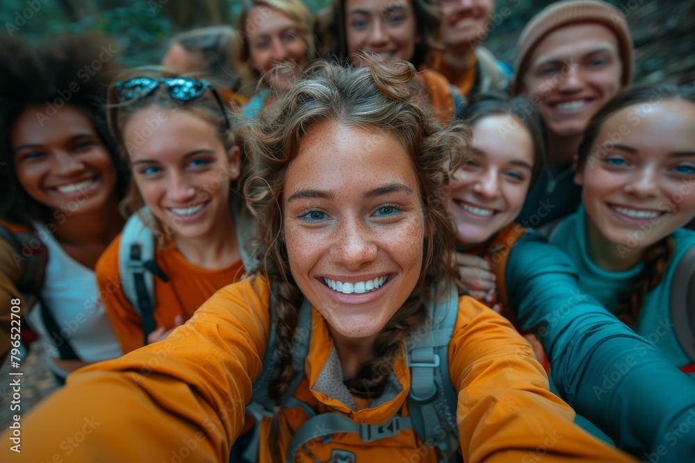 A vibrant group of diverse young adults wearing orange outfits taking a joyous selfie together in a forest setting A vibrant group of diverse young adults wearing orange outfits taking a joyous selfie together in a forest setting