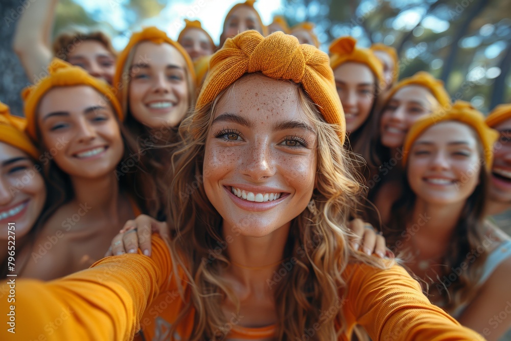 A cheerful, youthful crowd of friends with matching yellow headbands and radiant smiles in an apparent celebration or event