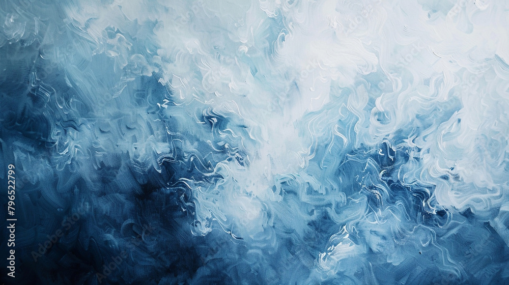 Fresh approach to seascape art in oil, where blues and whites merge to resemble sea foam. Fresh approach to seascape art in oil, where blues and whites merge to resemble sea foam.