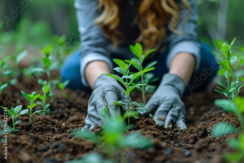 A woman engages in gardening  carefully planting seedlings in fertile soil  surrounded by lush greenery  representing growth and sustainability