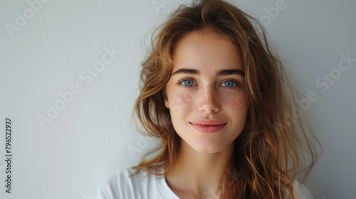 A happy young woman posing in stylish casual clothing against a minimalist white background, exuding positivity and relaxation.